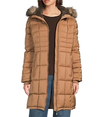 Donna Karan Faux Fur Trim Hooded Neck Zip Front Walker Puffer Coat