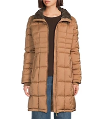 Donna Karan Faux Fur Trim Hooded Neck Zip Front Walker Puffer Coat