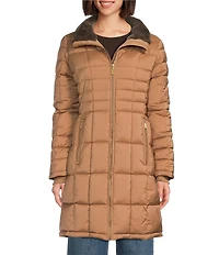 Donna Karan Faux Fur Trim Hooded Neck Zip Front Walker Puffer Coat