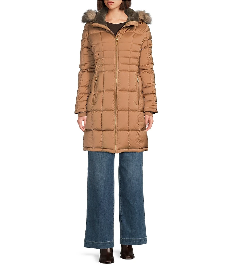 Donna Karan Faux Fur Trim Hooded Neck Zip Front Walker Puffer Coat