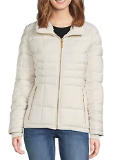 Donna Karan Faux Fur Trim Hooded Stand Collar Short Puffer Coat