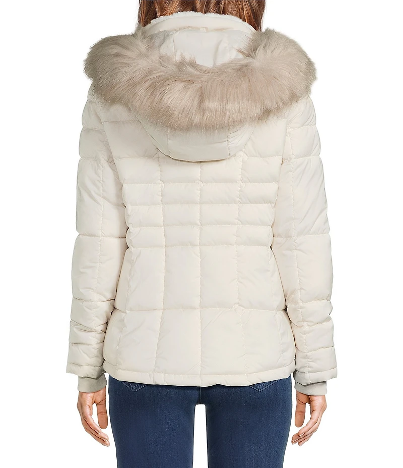 Donna Karan Faux Fur Trim Hooded Stand Collar Short Puffer Coat