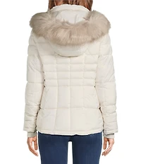 Donna Karan Faux Fur Trim Hooded Stand Collar Short Puffer Coat