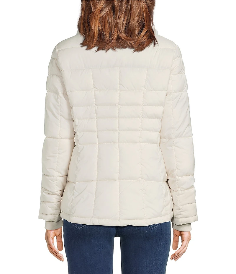 Donna Karan Faux Fur Trim Hooded Stand Collar Short Puffer Coat