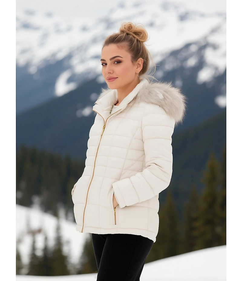 Donna Karan Faux Fur Trim Hooded Stand Collar Short Puffer Coat