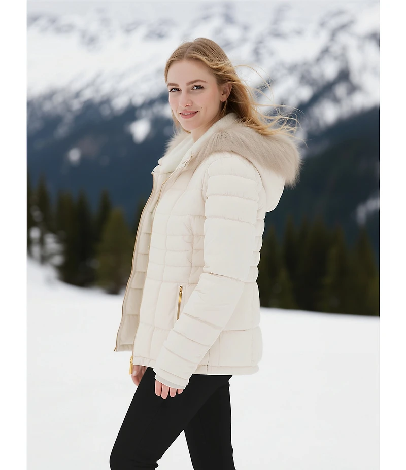 Donna Karan Faux Fur Trim Hooded Stand Collar Short Puffer Coat