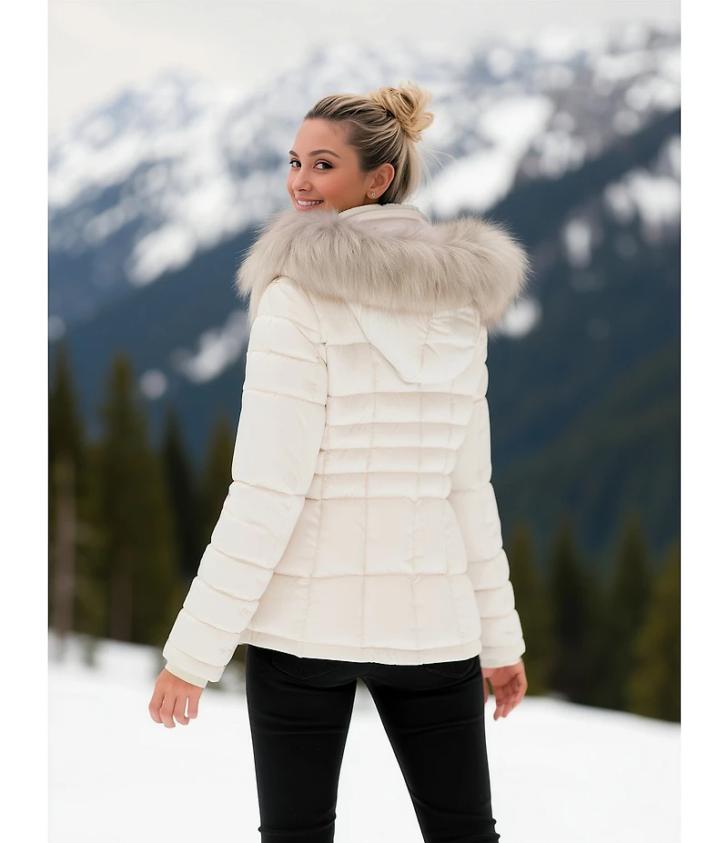 Donna Karan Faux Fur Trim Hooded Stand Collar Short Puffer Coat