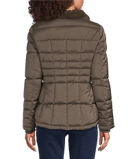 Donna Karan Faux Fur Trim Hooded Stand Collar Short Puffer Coat