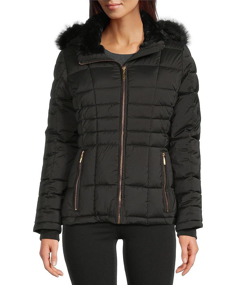 Donna Karan Faux Fur Trim Hooded Stand Collar Short Puffer Coat