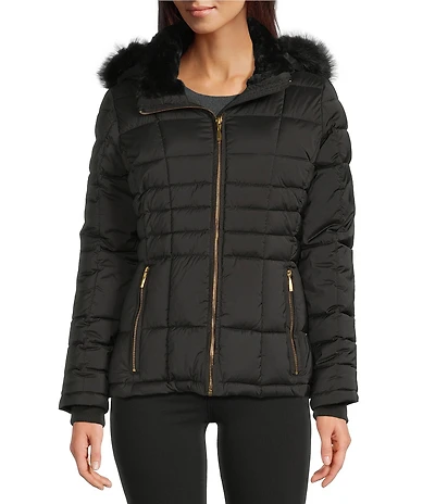 Donna Karan Faux Fur Trim Hooded Stand Collar Short Puffer Coat