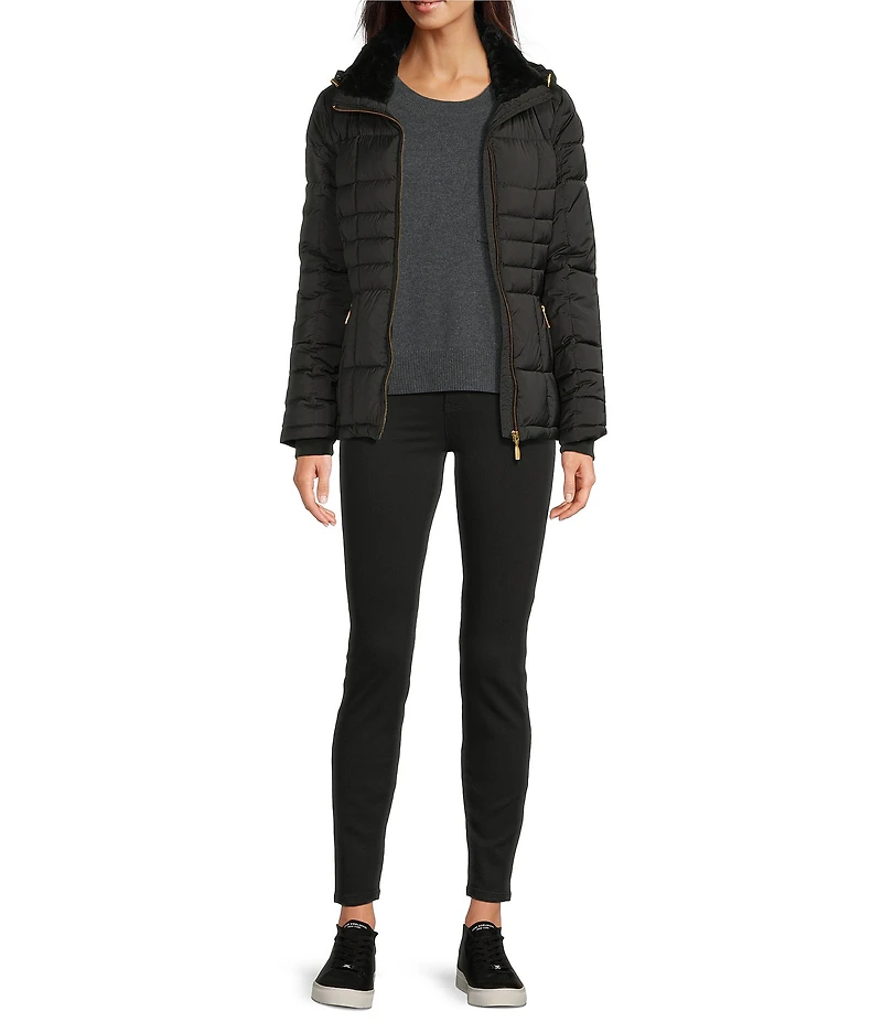 Donna Karan Faux Fur Trim Hooded Stand Collar Short Puffer Coat