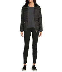 Donna Karan Faux Fur Trim Hooded Stand Collar Short Puffer Coat