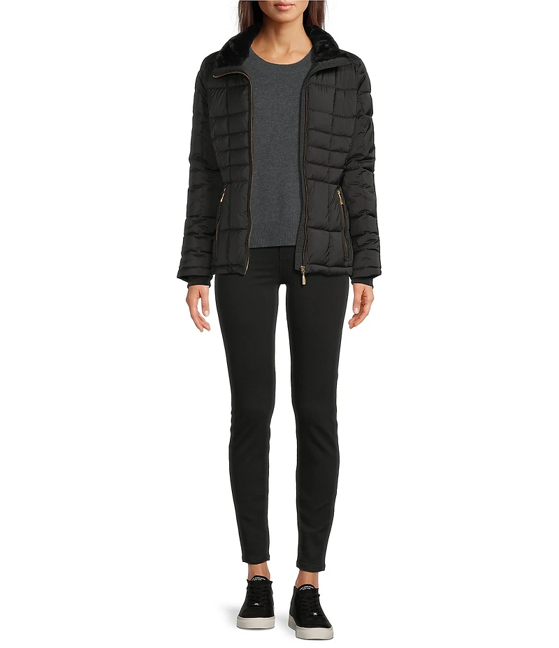 Donna Karan Faux Fur Trim Hooded Stand Collar Short Puffer Coat