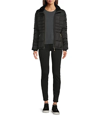 Donna Karan Faux Fur Trim Hooded Stand Collar Short Puffer Coat