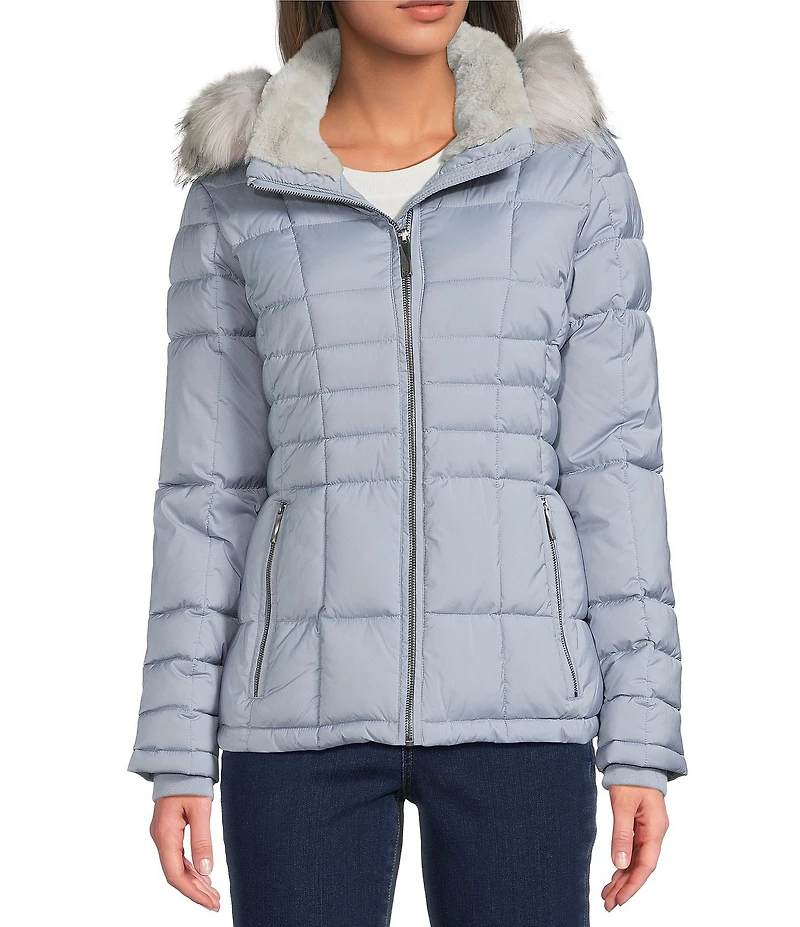 Donna Karan Faux Fur Trim Hooded Stand Collar Short Puffer Coat