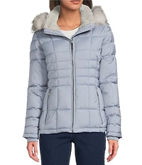 Donna Karan Faux Fur Trim Hooded Stand Collar Short Puffer Coat