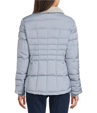 Donna Karan Faux Fur Trim Hooded Stand Collar Short Puffer Coat