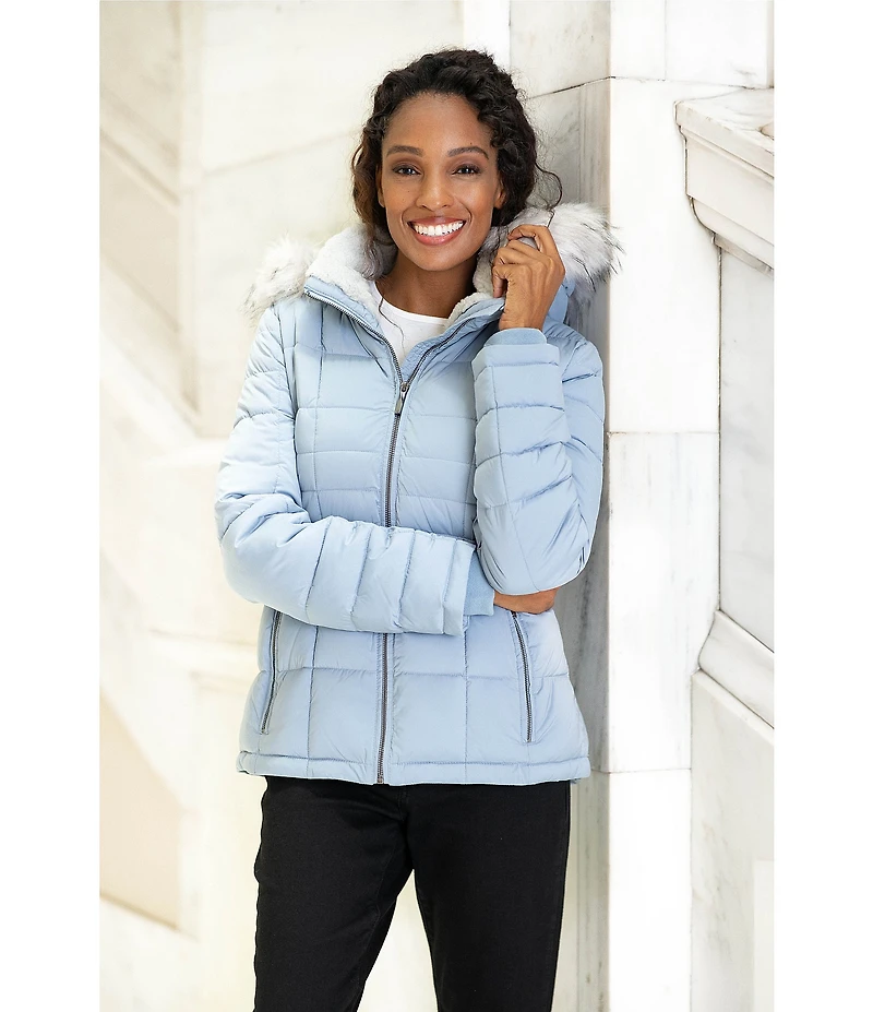 Donna Karan Faux Fur Trim Hooded Stand Collar Short Puffer Coat