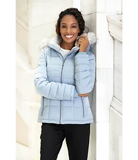 Donna Karan Faux Fur Trim Hooded Stand Collar Short Puffer Coat