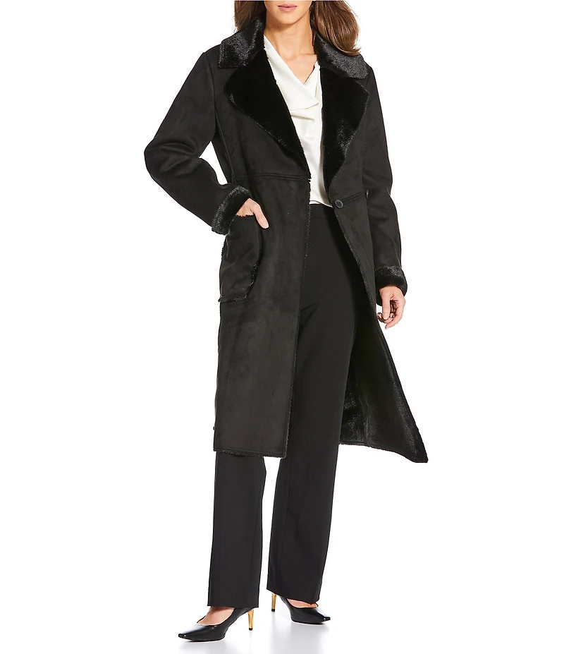 Donna Karan Faux Shearling Notch Collar Belted Button Front Wrap Coat