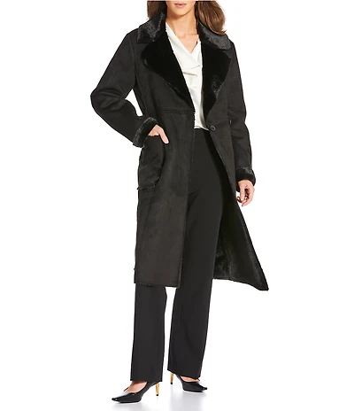 Donna Karan Faux Shearling Notch Collar Belted Button Front Wrap Coat