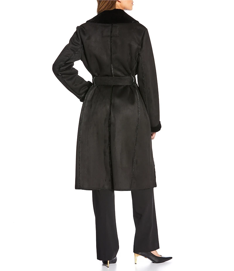 Donna Karan Faux Shearling Notch Collar Belted Button Front Wrap Coat