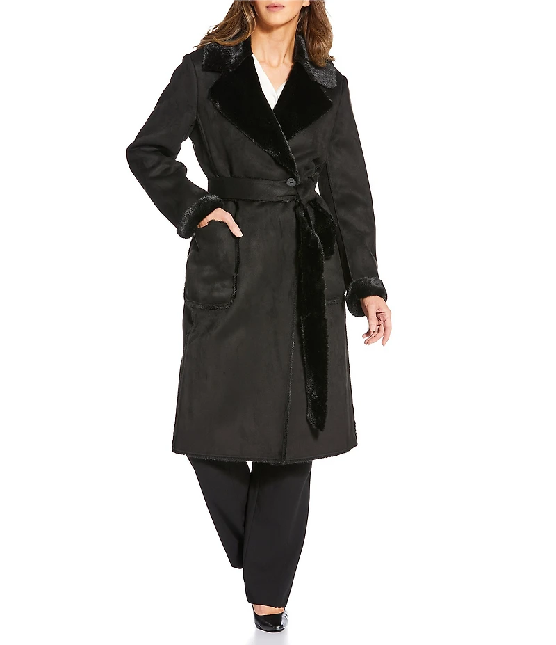 Donna Karan Faux Shearling Notch Collar Belted Button Front Wrap Coat