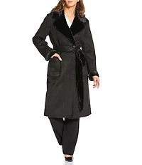 Donna Karan Faux Shearling Notch Collar Belted Button Front Wrap Coat
