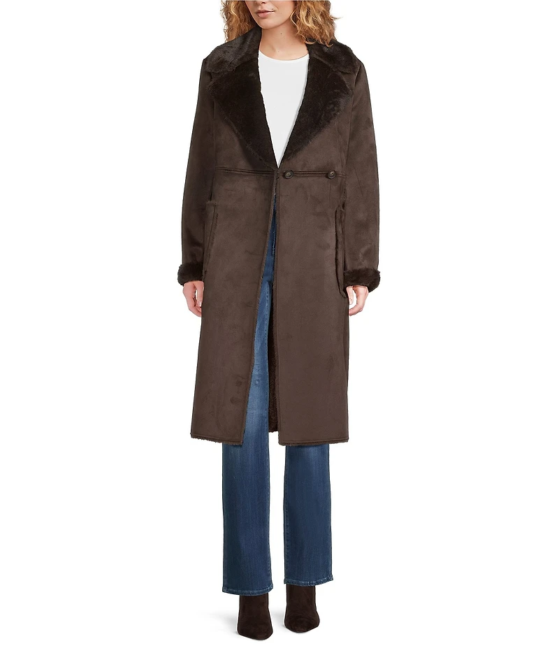 Donna Karan Faux Shearling Notch Collar Belted Button Front Wrap Coat