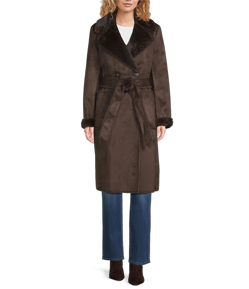 Donna Karan Faux Shearling Notch Collar Belted Button Front Wrap Coat