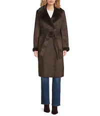 Donna Karan Faux Shearling Notch Collar Belted Button Front Wrap Coat