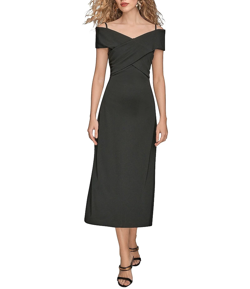 Donna Karan Filament Jersey Off The Shoulder Short Sleeve A-Line Midi Dress