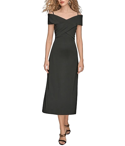 Donna Karan Filament Jersey Off The Shoulder Short Sleeve A-Line Midi Dress