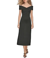 Donna Karan Filament Jersey Off The Shoulder Short Sleeve A-Line Midi Dress