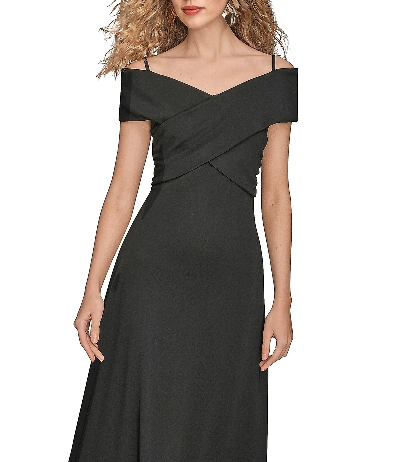 Donna Karan Filament Jersey Off The Shoulder Short Sleeve A-Line Midi Dress