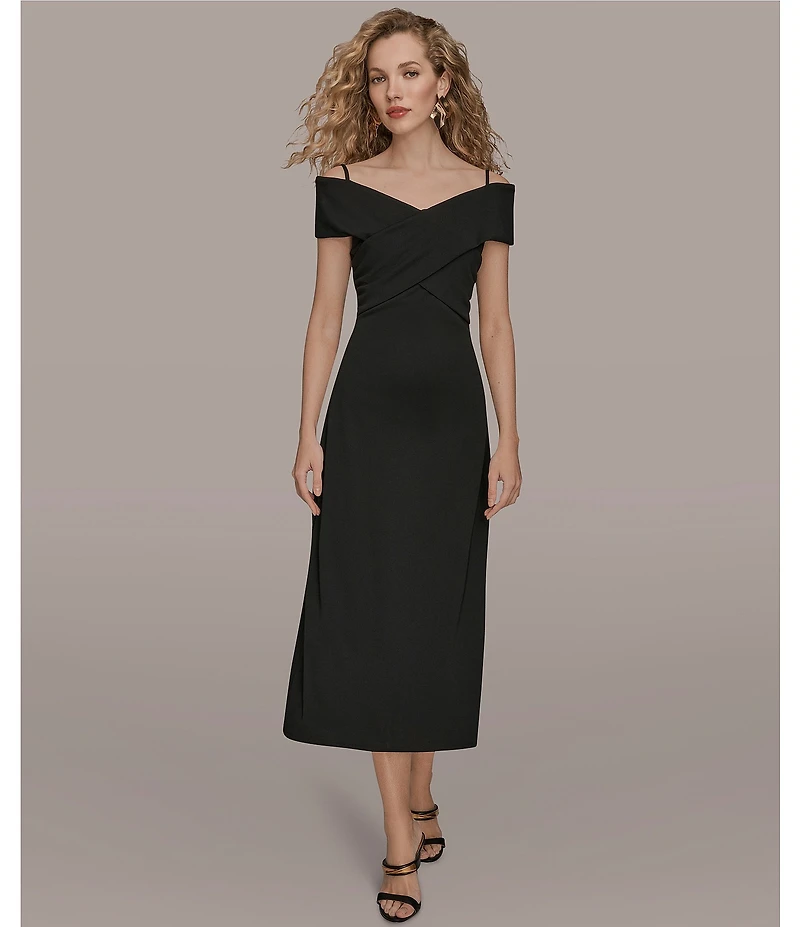 Donna Karan Filament Jersey Off The Shoulder Short Sleeve A-Line Midi Dress