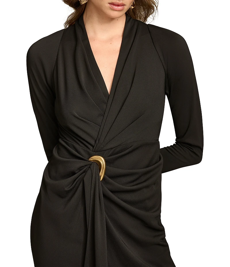 Donna Karan Filament Jersey V-Neck Long Sleeve Gathered Front Maxi Dress