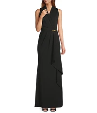 Donna Karan Filament Jersey Wrap V-Neck Sleeveless Long Sheath Gown