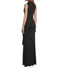 Donna Karan Filament Jersey Wrap V-Neck Sleeveless Long Sheath Gown