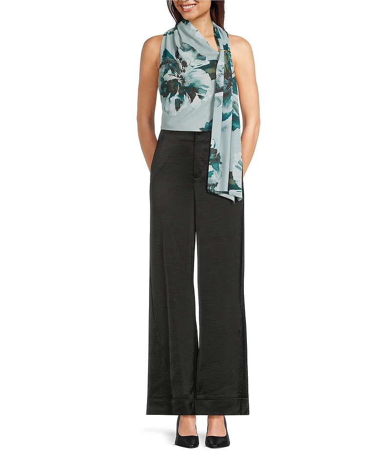 Donna Karan Floral Asymmetric Neck Sleeveless Draped Shoulder Top