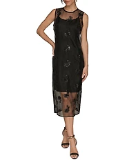 Donna Karan Floral Beaded Organza Mock Neck Sleeveless Midi Dress