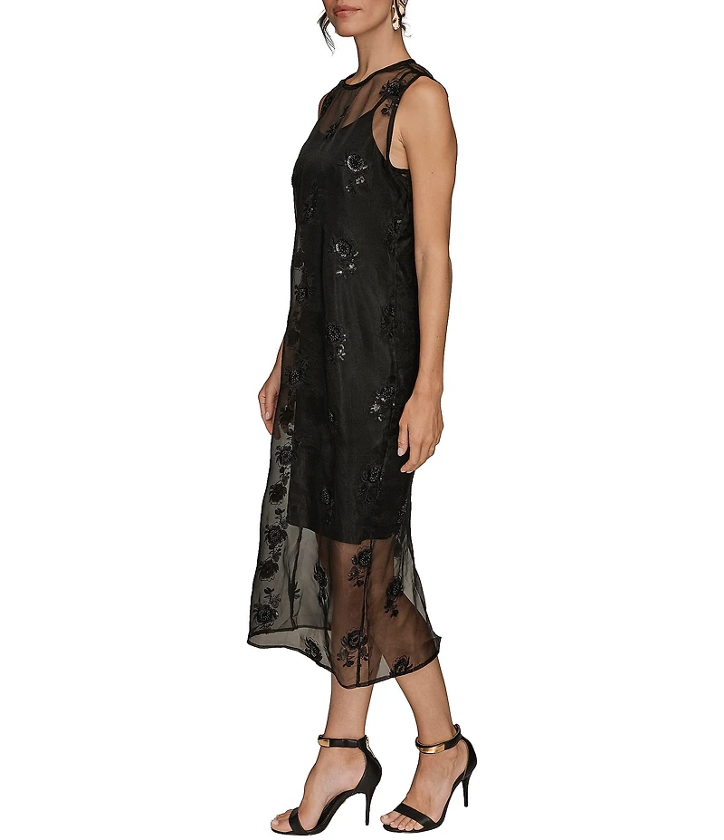Donna Karan Floral Beaded Organza Mock Neck Sleeveless Midi Dress