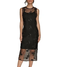 Donna Karan Floral Beaded Organza Mock Neck Sleeveless Midi Dress