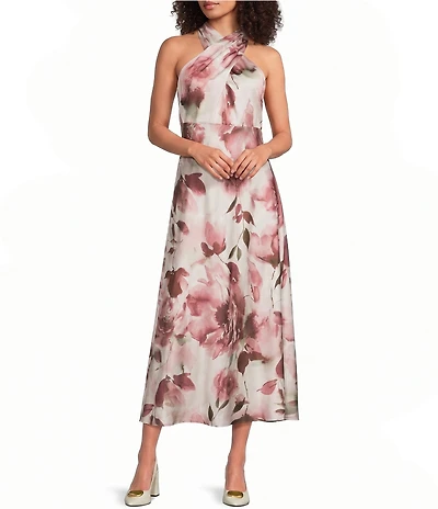 Donna Karan Floral Charmeuse Halter Neck Sleeveless Midi Dress