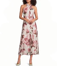 Donna Karan Floral Charmeuse Halter Neck Sleeveless Midi Dress