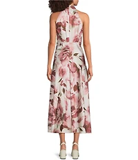 Donna Karan Floral Charmeuse Halter Neck Sleeveless Midi Dress