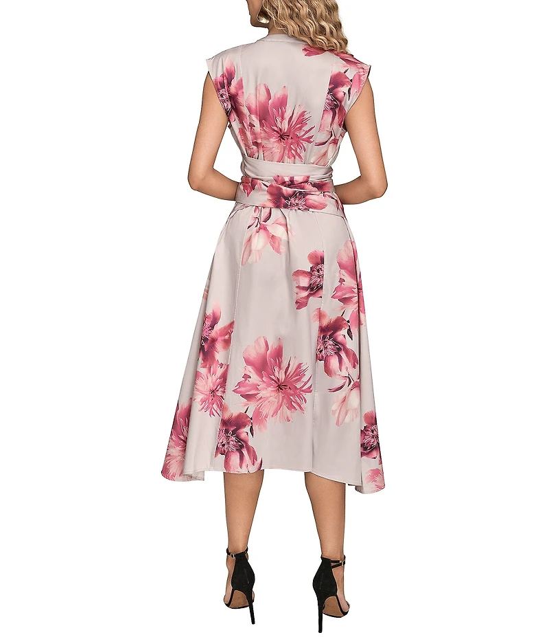 Donna Karan Floral Cotton Sateen Crew Neck Cap Sleeve Tie Front Button Front Midi Dress