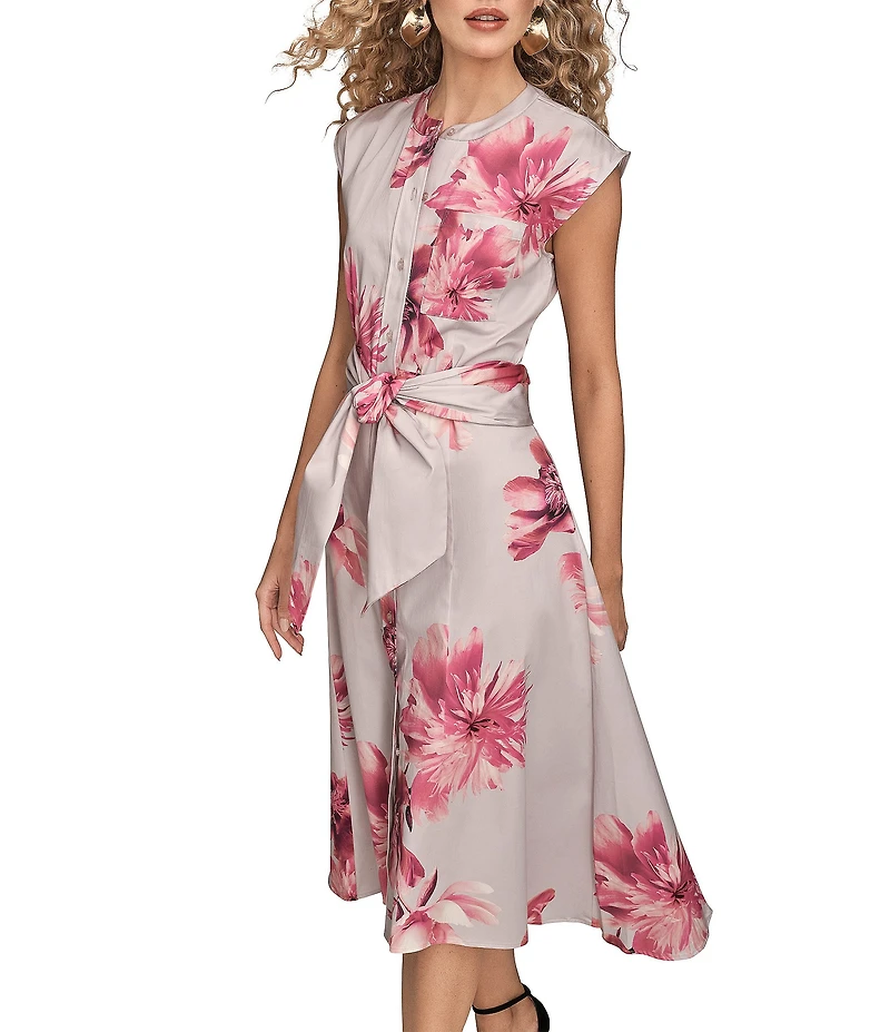 Donna Karan Floral Cotton Sateen Crew Neck Cap Sleeve Tie Front Button Front Midi Dress