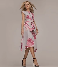 Donna Karan Floral Cotton Sateen Crew Neck Cap Sleeve Tie Front Button Front Midi Dress
