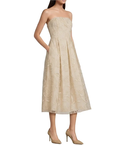 Donna Karan Floral Embroidered Mesh Sequin Strapless Pleated Midi Dress